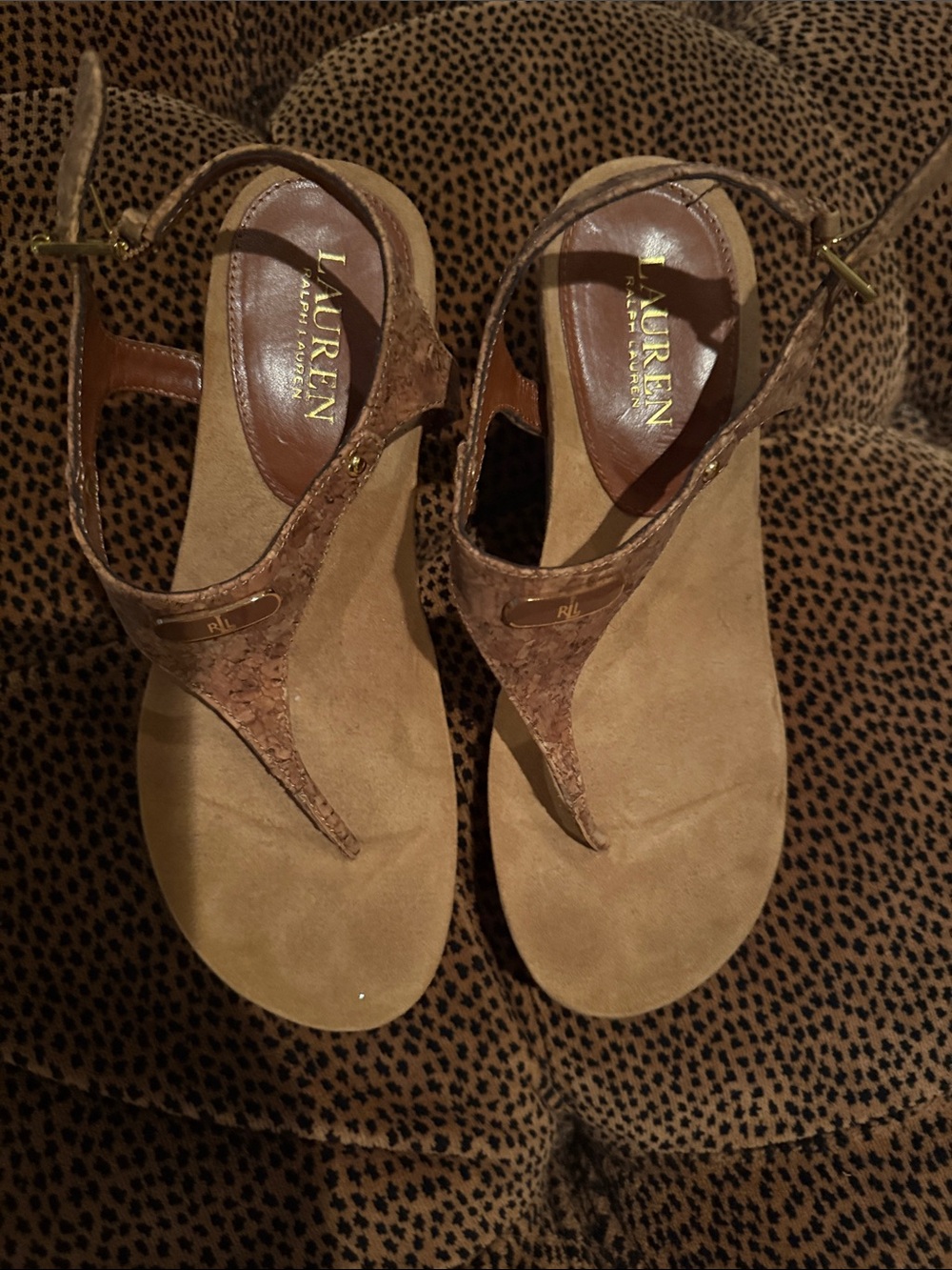 Lauren Ralph Lauren Brown Cork T-Strap Sandals with Ankle Strap